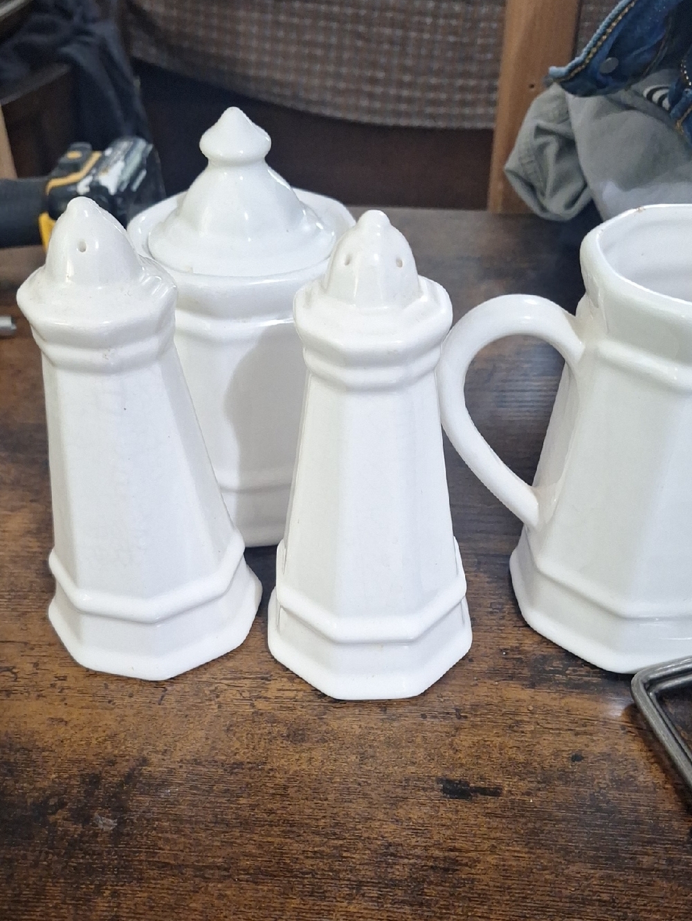 White Ceramic Salt & Pepper Shakers with Sugar Jar and Pitcher
